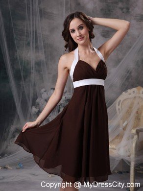 White Hem Halter Backless Chiffon Tea-length Prom Dresses for Dama