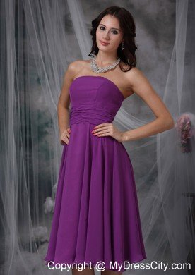 Simple Tea-length Strapless Chiffon Purple Bridesmaid Dama Dresses