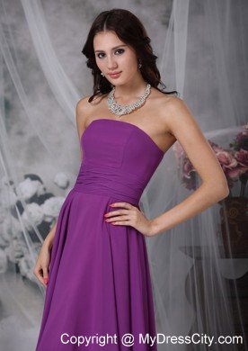 Simple Tea-length Strapless Chiffon Purple Bridesmaid Dama Dresses