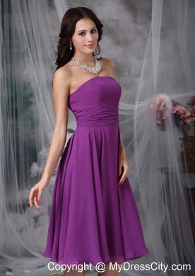 Simple Tea-length Strapless Chiffon Purple Bridesmaid Dama Dresses