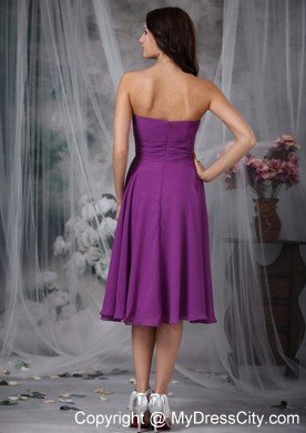 Simple Tea-length Strapless Chiffon Purple Bridesmaid Dama Dresses