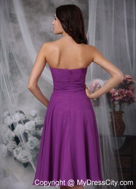 Simple Tea-length Strapless Chiffon Purple Bridesmaid Dama Dresses