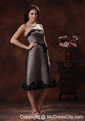 Tea-length Strapless Sash Mother Of The Bride Dress with Lace