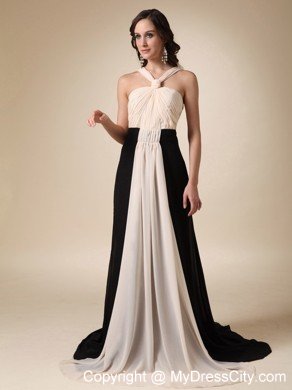 Champagne and Black V-neck Brush Train Ruched Evening Dress