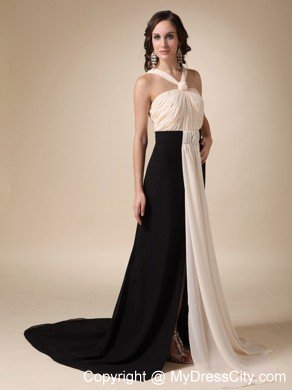 Champagne and Black V-neck Brush Train Ruched Evening Dress