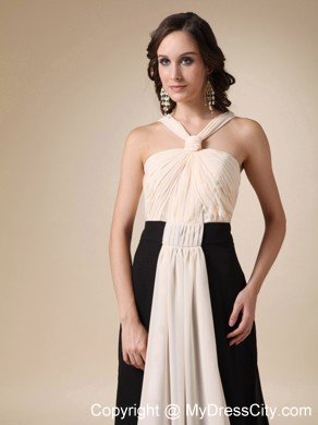 Champagne and Black V-neck Brush Train Ruched Evening Dress