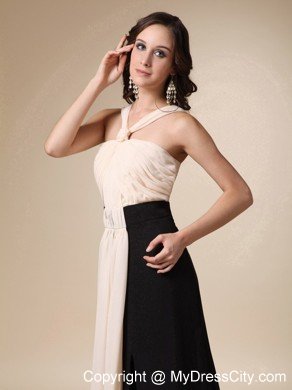 Champagne and Black V-neck Brush Train Ruched Evening Dress