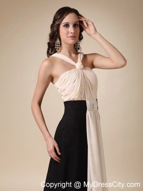 Champagne and Black V-neck Brush Train Ruched Evening Dress