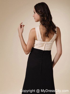 Champagne and Black V-neck Brush Train Ruched Evening Dress