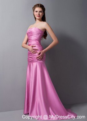 Rose Pink Mermaid Strapless Brush Train Ruched Evening Gown