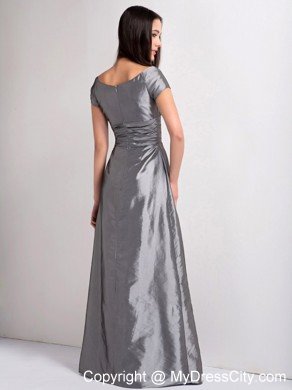 Grey A-line V-neck Ruched Evening Dress with Short Sleeves