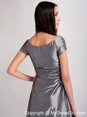 Grey A-line V-neck Ruched Evening Dress with Short Sleeves