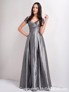 Grey A-line V-neck Ruched Evening Dress with Short Sleeves