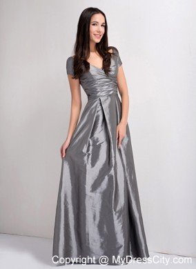 Grey A-line V-neck Ruched Evening Dress with Short Sleeves