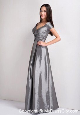 Grey A-line V-neck Ruched Evening Dress with Short Sleeves