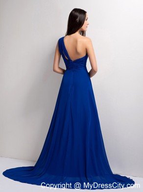 Stylish Peacock Blue A-line One Shoulder Ruched Evening Dress