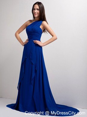 Stylish Peacock Blue A-line One Shoulder Ruched Evening Dress