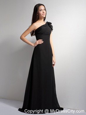 Black A-line Ruffled One Shoulder Brush Train Evening Gown