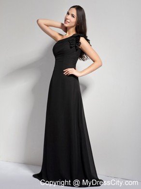 Black A-line Ruffled One Shoulder Brush Train Evening Gown