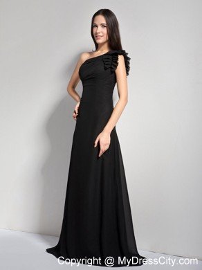 Black A-line Ruffled One Shoulder Brush Train Evening Gown