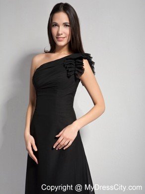 Black A-line Ruffled One Shoulder Brush Train Evening Gown