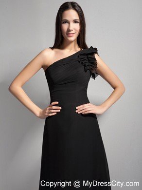 Black A-line Ruffled One Shoulder Brush Train Evening Gown