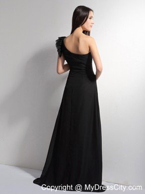 Black A-line Ruffled One Shoulder Brush Train Evening Gown