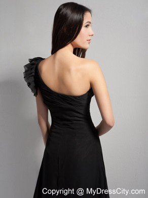 Black A-line Ruffled One Shoulder Brush Train Evening Gown