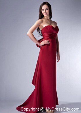 Wine Red Brush Train Ruched Sweetheart Evening Party Dress