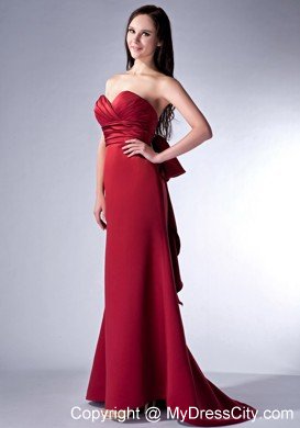 Wine Red Brush Train Ruched Sweetheart Evening Party Dress