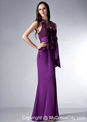 Eggplant Purple Brush Train Halter Evening Dresses with Bow