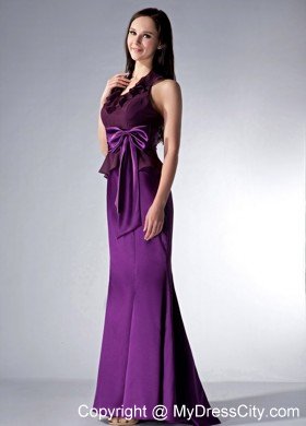 Eggplant Purple Brush Train Halter Evening Dresses with Bow