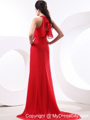 Red Column Halter Prom Evening Dresses With Brush Train