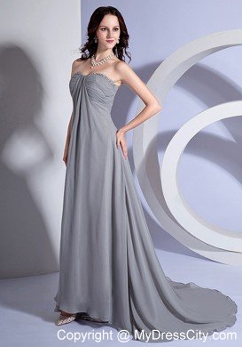 Beading Sweetheart Grey Chiffon Brush Train Evening Dress