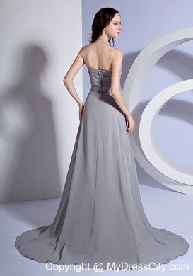 Beading Sweetheart Grey Chiffon Brush Train Evening Dress