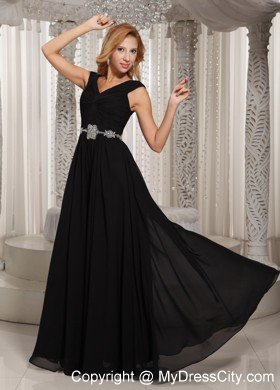 V-neck Black Floor-length Chiffon Beaded Belt Evening Dress