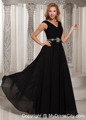 V-neck Black Floor-length Chiffon Beaded Belt Evening Dress