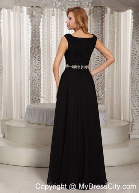 V-neck Black Floor-length Chiffon Beaded Belt Evening Dress