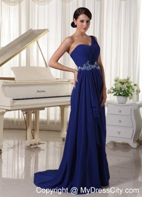 Royal Blue One Shoulder Appliques Evening Dress with Train