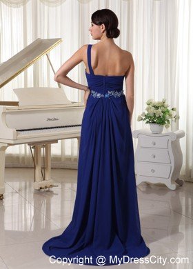 Royal Blue One Shoulder Appliques Evening Dress with Train