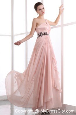 One Shoulder Peach Evening Dress with Black Appliques