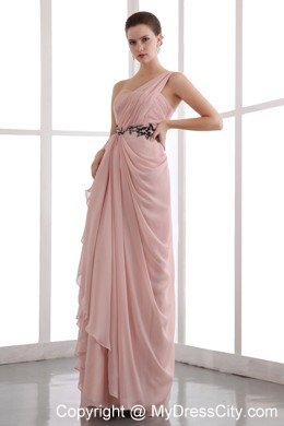 One Shoulder Peach Evening Dress with Black Appliques