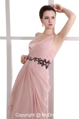 One Shoulder Peach Evening Dress with Black Appliques