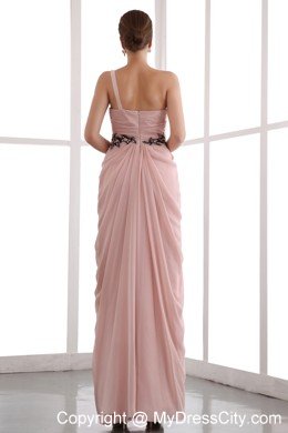 One Shoulder Peach Evening Dress with Black Appliques