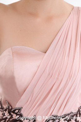 One Shoulder Peach Evening Dress with Black Appliques