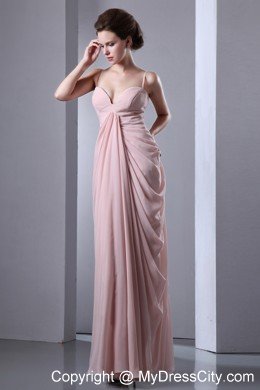 Baby Pink Ruches Evening Dress with Spaghetti Straps Chiffon