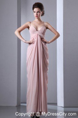 Baby Pink Ruches Evening Dress with Spaghetti Straps Chiffon