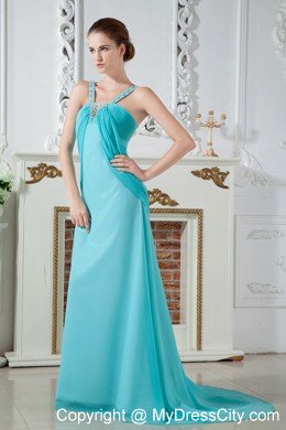 Aqua Straps Chiffon Beaded Evening Dress with Brush Train