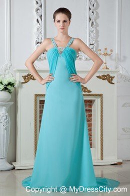 Aqua Straps Chiffon Beaded Evening Dress with Brush Train