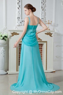 Aqua Straps Chiffon Beaded Evening Dress with Brush Train